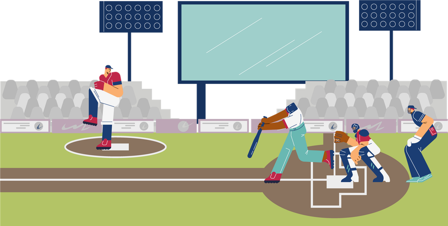 Match de baseball dans un stade avec des joueurs frappant la balle avec une batte et effectuant un lancer  Illustration