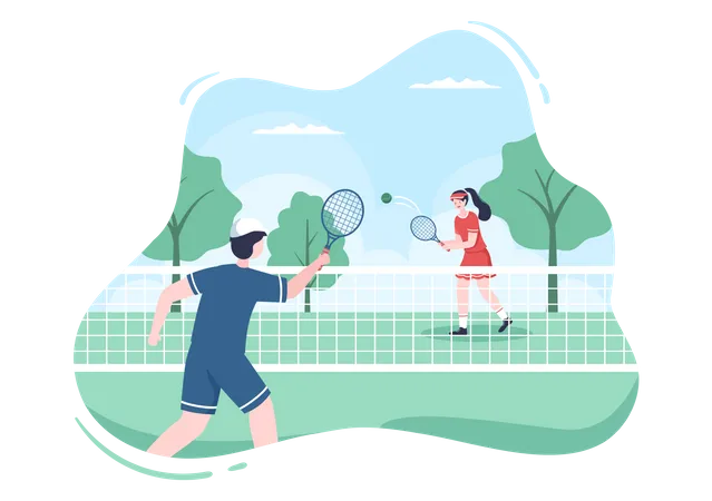 Joueur De Tennis Avec Raquette A La Main Et Balle Sur Le Court Personnes Faisant Un Match De Sport En Illustration De Dessin Anime Plat Illustration