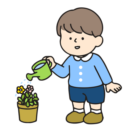 Garçon de maternelle arrosant une fleur  Illustration