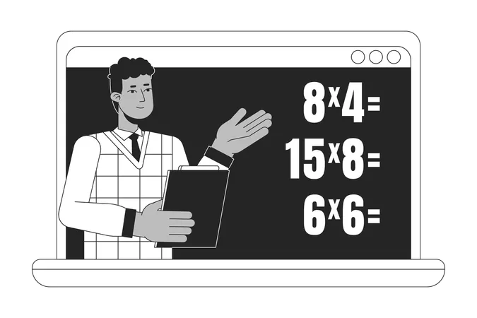 Math Online Lesson On Laptop Flat Line Black White Vector Character Editable Outline Half Body Of Man Explains Math On White Education Character Simple Cartoon Spot Illustration For Web Graphic Design Illustration
