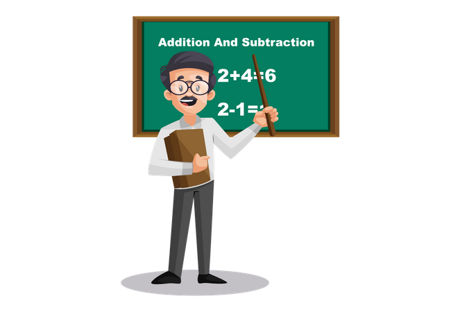 Math Teacher teaching addition and subtraction on board Illustration