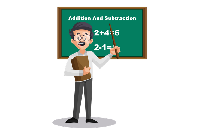 Math Teacher teaching addition and subtraction on board  Illustration