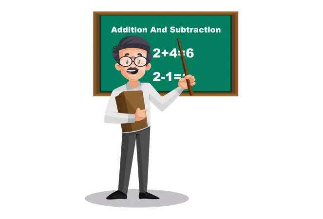 Math Teacher teaching addition and subtraction on board  Illustration