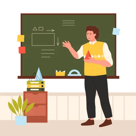 Math Teacher Teaching At School Board In Classroom Vector Illustration Cartoon Smart Man Pointing At Chalkboard Tutor Character Holding Pyramid To Explain Mathematic Knowledge At Lesson Of Geometry Illustration