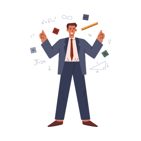 Mathematician man pointing at signs and formulas  Illustration