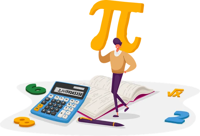 Mathematics Science And Algebra Concept Tiny Student Male Character Carrying Huge Sign Pi With Digits Textbook Formula Root Symbol University And High School Education Cartoon Vector Illustration イラスト