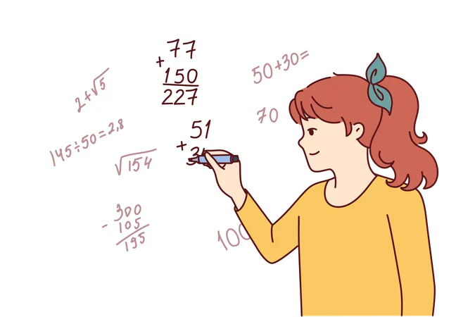 Teenager Girl Writes Complex Mathematical Formulas On Blackboard Solving Problems From Higher Mathematics Or Algebra Little Child Prodigy Schoolgirl Participates In Math Olympiad イラスト