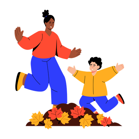 Mather und Sohn springen auf Blättern  Illustration