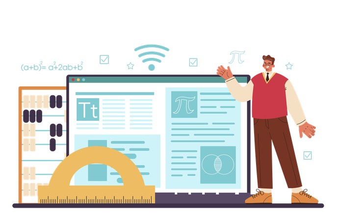 Maths teacher use formulas and diagrams to research and formulate new calculation  Illustration