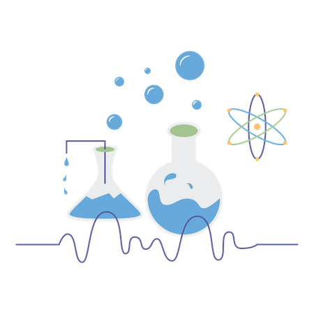 Frascos de laboratorio científico con líquido y moléculas.  Ilustración