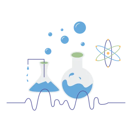 Frascos de laboratorio científico con líquido y moléculas.  Ilustración