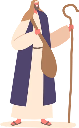 Mature Ancient Israel Man With Staff Wise Bearded Male Character Robed And Sandaled Carries A Long Wooden Staff And Wears A Head Covering Typical Of The Time Cartoon People Vector Illustration Illustration
