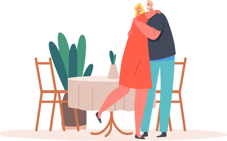 Mature Couple Hugging in Restaurant Illustration