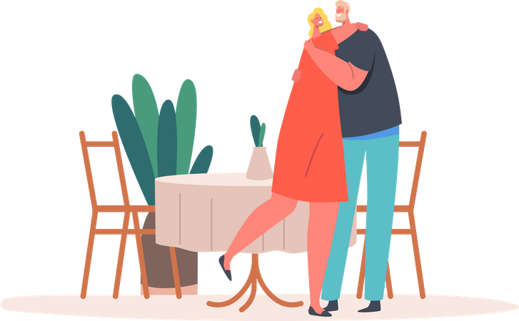 Mature Couple Hugging in Restaurant  Illustration