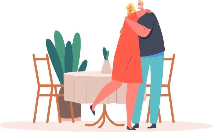 Mature Couple Hugging in Restaurant  Illustration