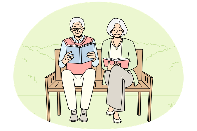 Mature couple on bench reading books  Illustration