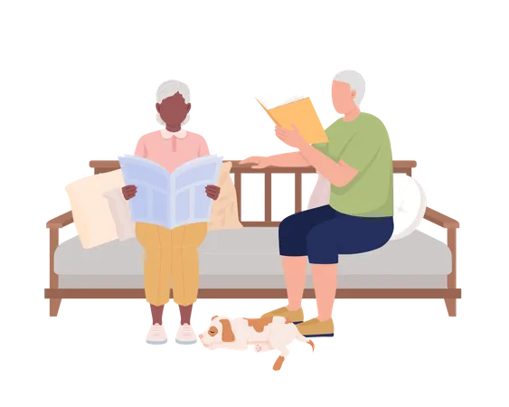 Mature couple reading on sofa Illustration
