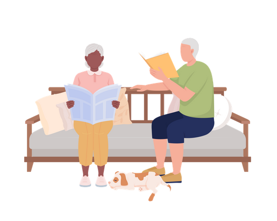 Mature couple reading on sofa  Illustration