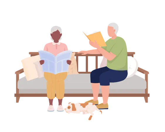 Mature couple reading on sofa  Illustration