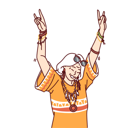 Mature hippie woman in fashionable clothes and accessories enjoys life dancing at parties  Illustration