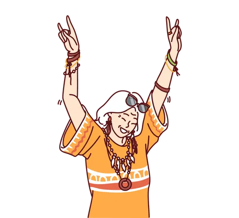 Mature hippie woman in fashionable clothes and accessories enjoys life dancing at parties  Illustration