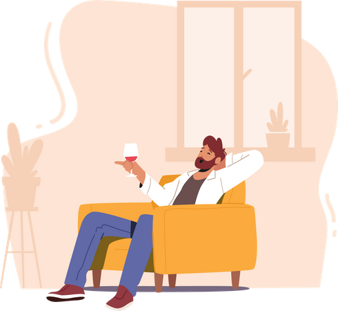 Mature Male Sit on Armchair Hold Wineglass in Hand  Illustration