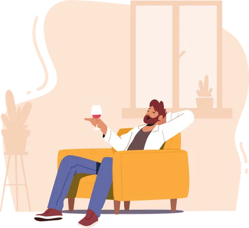 Mature Male Sit on Armchair Hold Wineglass in Hand  Illustration