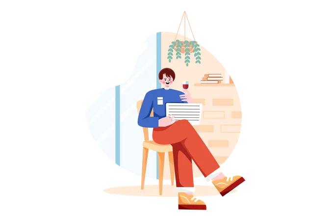 Mature Male Sits On Armchair Wineglass In Hand  Illustration