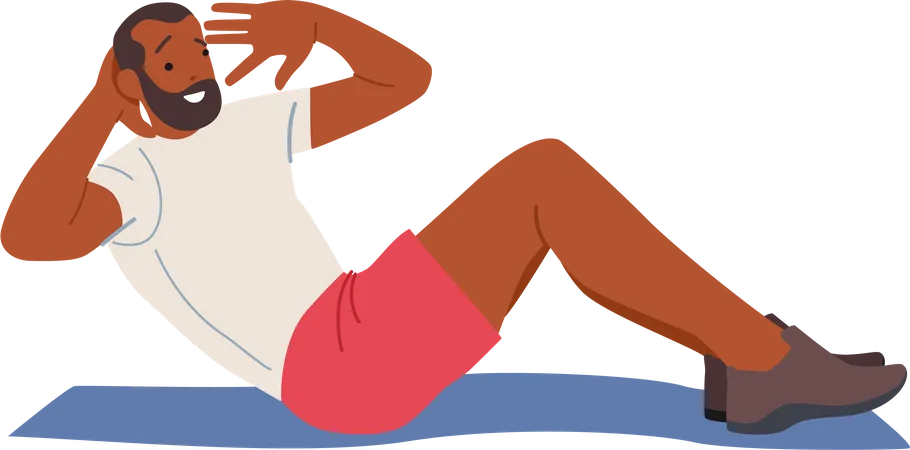 Mature Man Swinging Press Lying on Ground at House Yard. Sportsman Training on Street, Male Character Fitness Workout Illustration