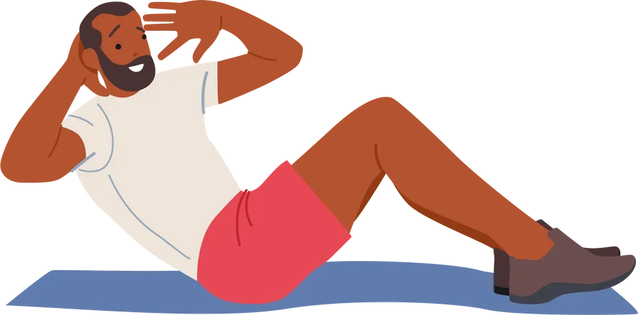 Mature Man Swinging Press Lying on Ground at House Yard. Sportsman Training on Street, Male Character Fitness Workout  Illustration