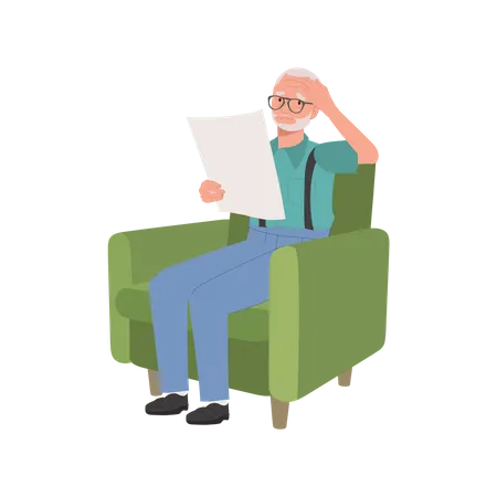 Mature man with Headache While Reading Newspaper on couch  Illustration