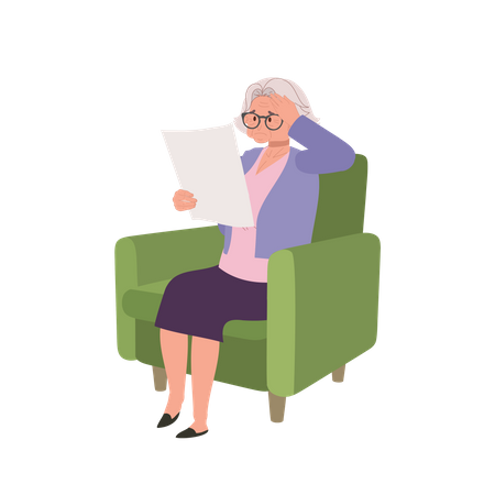 Mature Woman with Headache While Reading Newspaper on couch  Illustration