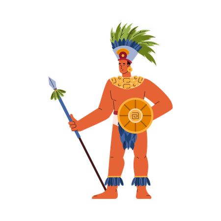 Maya civilization warrior with shield and spear  Illustration