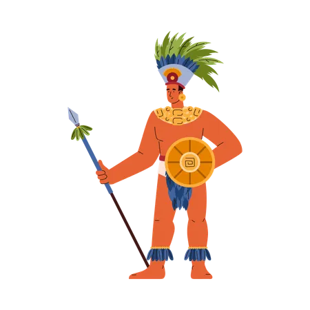 Maya civilization warrior with shield and spear  Illustration