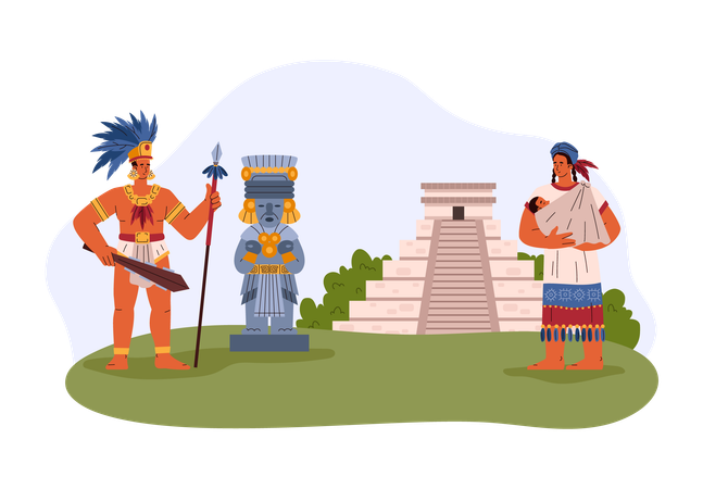 Maya people standing near statue and pyramid  Illustration