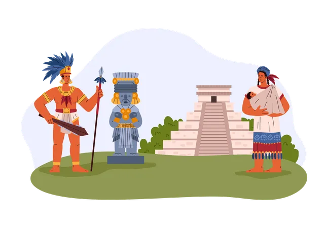 Maya people standing near statue and pyramid  Illustration