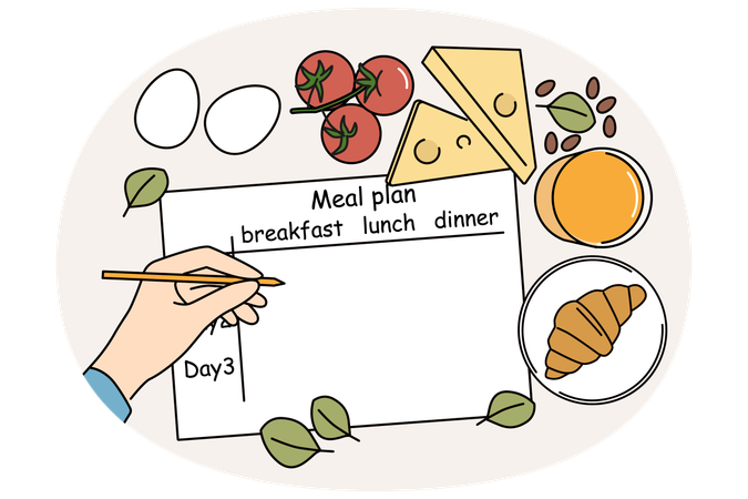 Meal plan on table of nutritionist near ingredients for preparing healthy and tasty food  Illustration