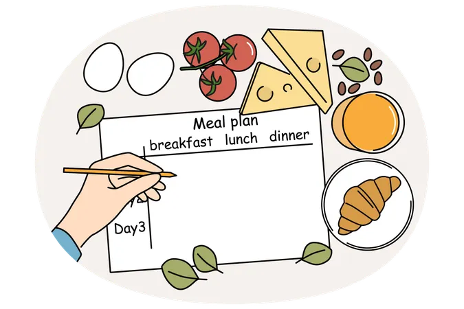 Meal plan on table of nutritionist near ingredients for preparing healthy and tasty food  Illustration
