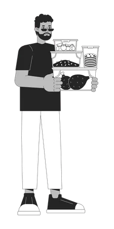 Meal Prepping For Saving Time Black And White Cartoon Flat Illustration Nutritionally Balanced Diet Black Man 2 D Lineart Character Isolated Reduce Carbon Footprint Monochrome Vector Outline Image Illustration