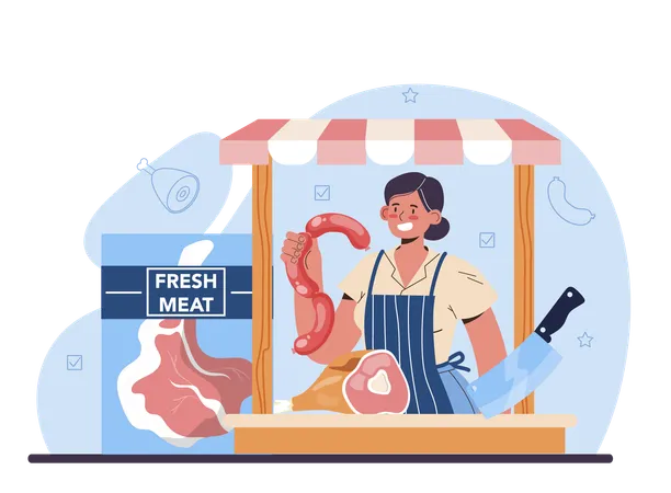Butcher Or Meatman Concept Fresh Meat And Semi Finished Products Animal Product Market Slaughterhouse Meat Shop Worker Isolated Vector Illustration Illustration