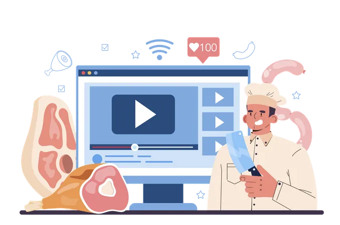 Butcher Or Meatman Online Service Or Platform Fresh Meat And Semi Finished Product Animal Product Market Slaughterhouse Worker Online Lecture Vector Illustration 일러스트레이션