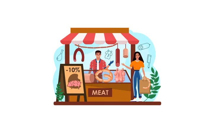 Butcher Or Meatman Web Banner Or Landing Page Fresh Meat And Semi Finished Products With Ham And Sausages Beef And Pork Production Meat Market Worker Isolated Vector Illustration Illustration