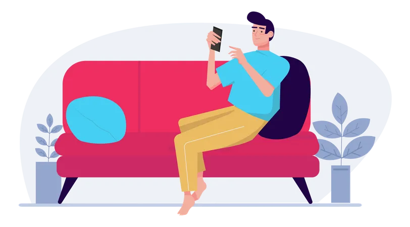 Un type allongé sur un canapé surfant sur Internet  Illustration