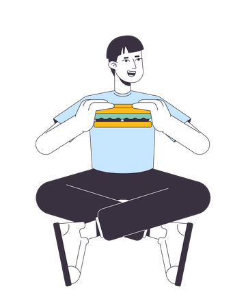 Guy mangeant un sandwich dans une posture jambes croisées  Illustration