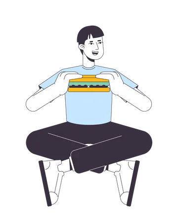 Guy mangeant un sandwich dans une posture jambes croisées  Illustration