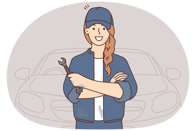 Mecânica feminina com ferramenta consertando carro  Ilustração