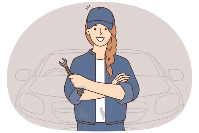 Mecânica feminina com ferramenta consertando carro  Ilustração