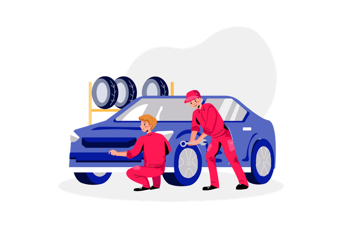 Mecánicos de automóviles cambiando neumáticos de automóviles  Ilustración