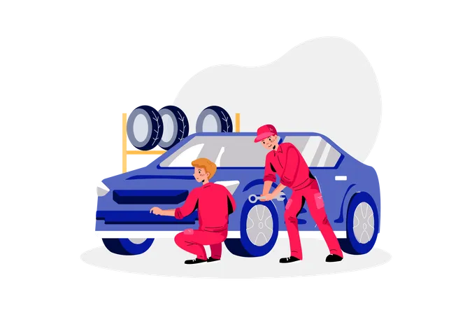 Mecánicos de automóviles cambiando neumáticos de automóviles  Ilustración