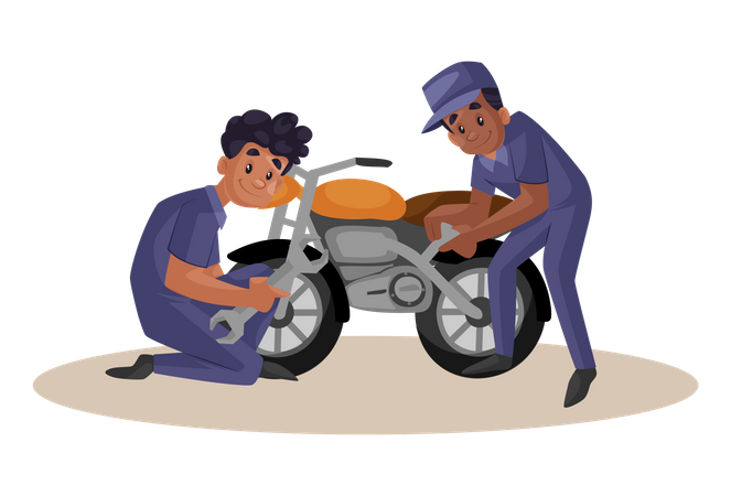 Mecánicos indios reparando motocicletas  Ilustración